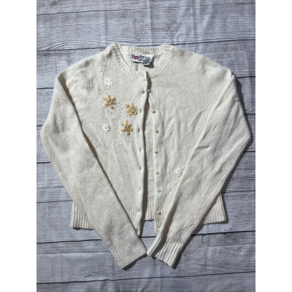Vtg Pout Beaded Cream Cardigan Lambswool & Angora Rabbit Fur Blend Sz L